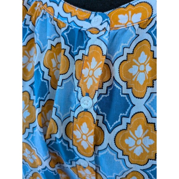 Ann Taylor Factory Blouse Womens L Blue Yellow Tile Floral Boho Hippie Top Tunic - Picture 5 of 12